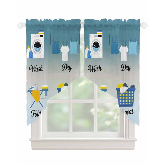 Blue Ombre Laundry Swag Valances for Windows, Wash Dry Fold Repeat Rod Pocket Sheer Valances for Small Windows, Swag Toppers Light Filtering for Kitchen Living Room 2 Panels 28''x36''