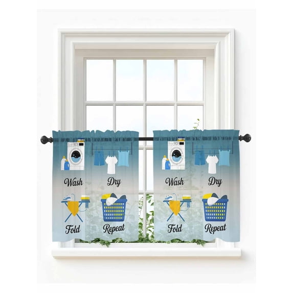 Blue Ombre Laundry Tier Curtains 24 Inch Length, Sheer Curtains for Bedroom Living Room Window Wash Dry Fold Repeat Rod Pocket Voile Drapes Kitchen Curtains Small Half Window 27.5"x24" 2 Panels