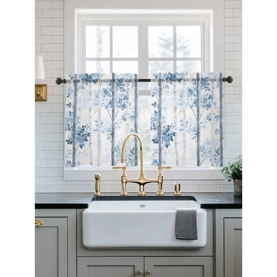 Blue Ombre Leaves Sheer Kitchen Tier Curtains 36 Inch length, Rod Pocket Half Curtains Short Drapes, Gray Branches Forest Light Filtering Chiffon Small Window Treatments 2 Panels 27.5"W x 36"L