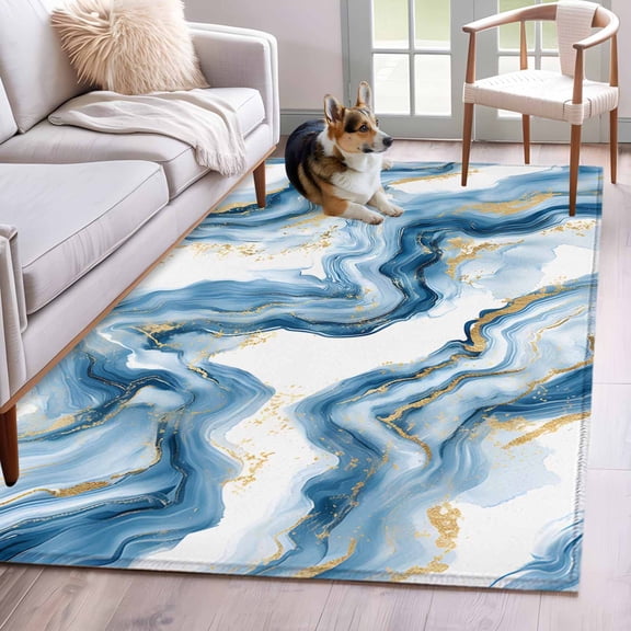 Blue Ombre Marble Area Rug 3x5 Washable Rug Non Slip Modern Marble Abstract Aesthetic Art Large Area Rug Indoor Floor Carpet for Entryway Bedroom Kitchen Living Room Home Office Dining Room Nursery