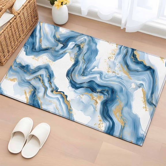 Blue Ombre Marble Bathroom Rug Washable 2x3 Entryway Rug Non Slip Modern Marble Abstract Aesthetic Art Front Door Mat Low Pile Indoor Doormat Throw Floor Carpet for Kitchen Bedroom Entrance