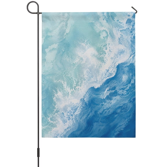 Blue Ombre Ocean House Flags For Outdoor, Teal Blue Swirling Sea Waves White Foam Splatters Small Double Side Yard Flags Weather Proof House Decor for Lawn Outside Holiday 28 x 40 Inches