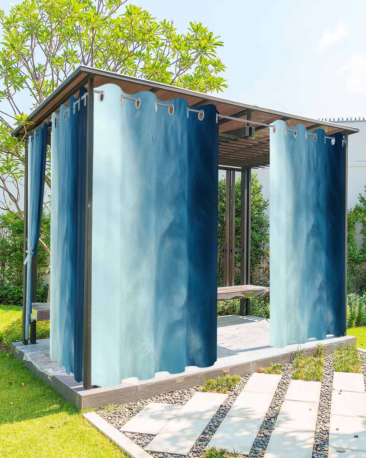 Blue Ombre Outdoor Curtains for Patio, Coastal Beach Modern Abstract Art Privacy Drapes Grommet Waterproof Outside Curtains for Porch/Cabana/Balcony 54"x 108", 2 Panel