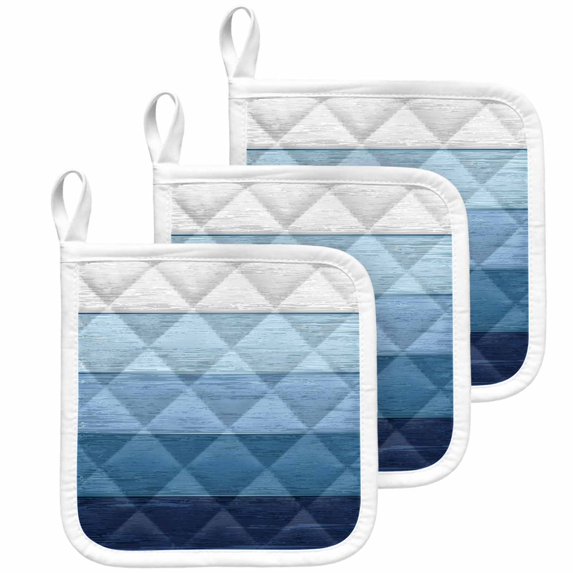 Blue Ombre Pot Holders for Kitchen Heatproof Potholder, 3 Pack Farmhouse Vintage Wooden Striped Hot Pads Multipurpose Oven Pads Cloth Potholders Trivet for Cooking Baking