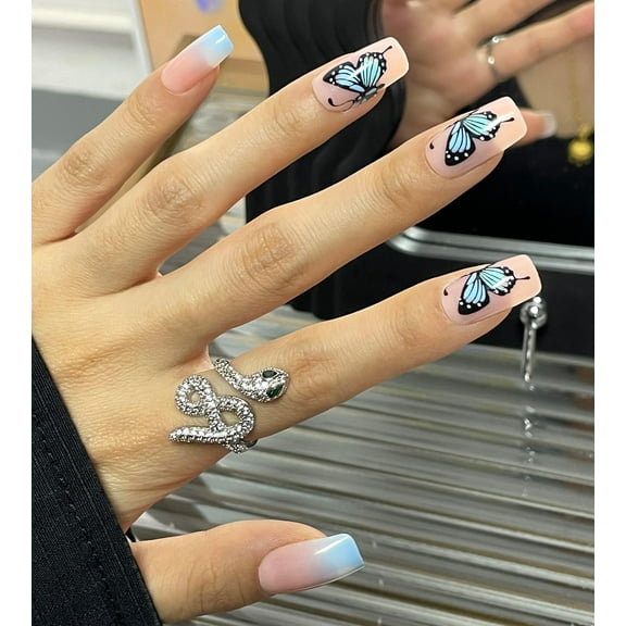 Blue Ombre Press on Nails Medium Length Square Fake Nail Butterfly Design Gradient Glossy Acrylic Stick on False Nail Tips Fingernails for Women 24Pcs