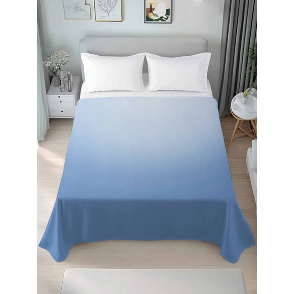 Blue Ombre Queen Size Flat Sheet, Wrinkleproof & Fadeproof Cooling Flat Bed Sheet Only, Modern Minimalist Gradient Aesthetic Breathable Soft Bedding Top Sheets 90 x 102 Inches