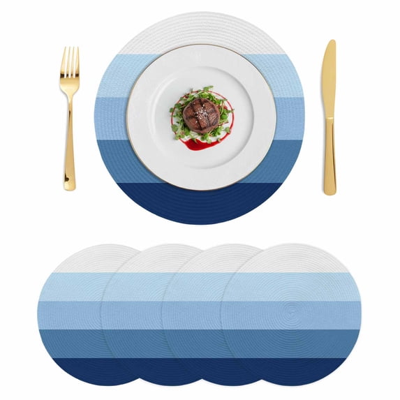 Blue Ombre Round 13 Inch Placemats Set of 4, Modern Abstract Art Farmhouse Striped HeatResistant Non Slip Place Mats for Dining Table, Wipeable Braided Kitchen Table Mats for Housewarming