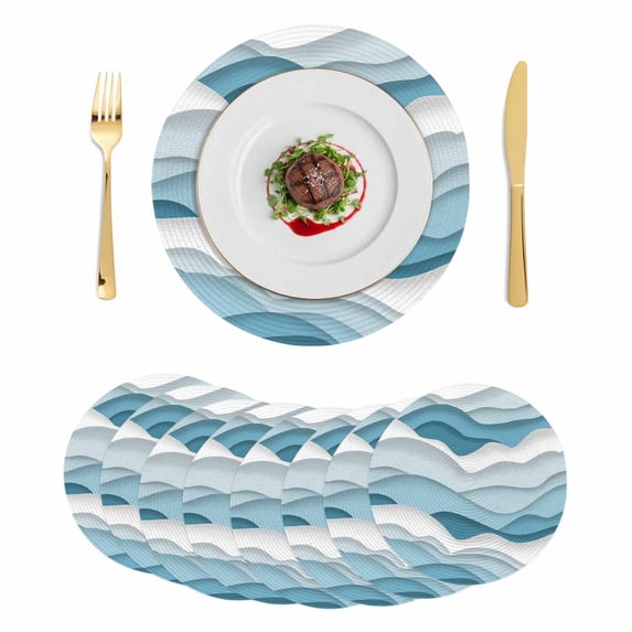 Blue Ombre Round 13 Inch Placemats Set of 8, Modern Geometric Moire Abstract Art HeatResistant Non Slip Place Mats for Dining Table, Wipeable Braided Kitchen Table Mats for Housewarming