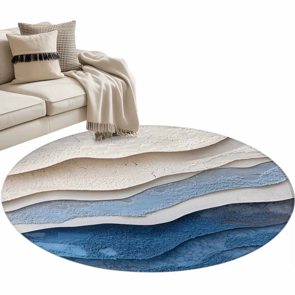 Blue Ombre Round Area Rug 4ft, Modern Wave Abstract Art Washable Non-Slip Circle Rugs for Bedroom Living Room Kitchen, Soft Non Shedding Circle Carpet for Dining Room Dorm