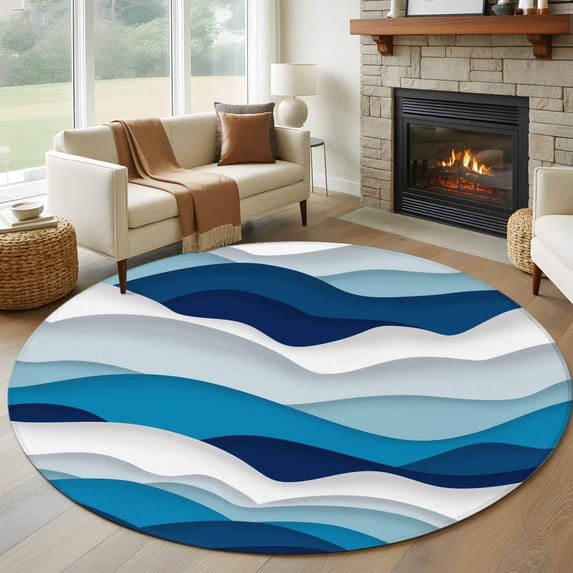 Blue Ombre Round Area Rug 7 FT, Non Slip Living Room Area Carpet, Modern Geometric Abstract Art Moire Washable Soft Circular Rug Non-Shedding Floor Carpet for Bedside Office Play Room Classroom