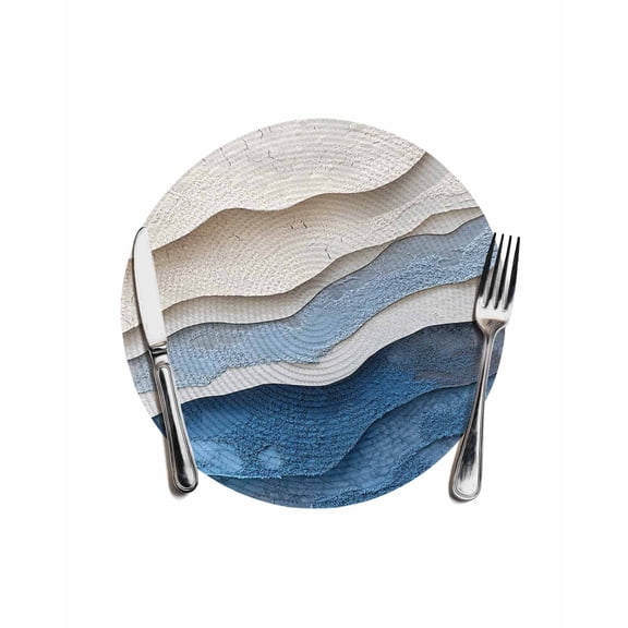 Blue Ombre Round Placemats for Dinning Tables, Heat-proof Braided Table Mats 13 Inch, Modern Wave Abstract Art Washable Place Mat for Kitchen Restaurant Party Decor Supplies Table Setting