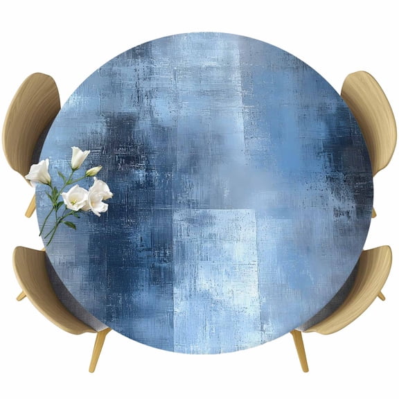 Blue Ombre Round Tablecloth 36-44 Inch Round Fitted Table Cloth with Elastic Edge, Modern Oil Painted Retro Abstract Art Waterproof Table Cover Protector for Outdoor Picnic Party Dining