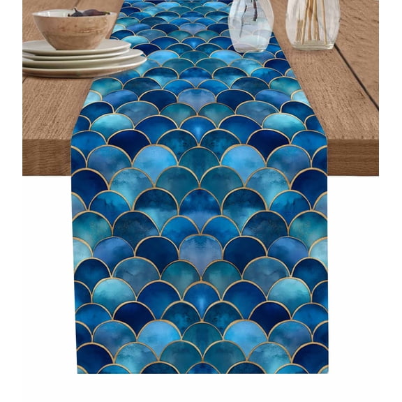 Blue Ombre Scale Burlap Cotton Table Runner 13x48 Inches Long, Abstract Art Ocean Coastal Farmhouse Table Runners, Outdoor Dining Tablecloths Decor for Baby Shower/Party/Wedding