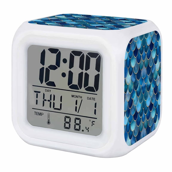 Blue Ombre Scale Digital Alarm Clock for Bedrooms, Smart LED Alarm Clock with 7 Color Changing Night Light, Abstract Art Ocean Coastal Silent Wake Up Clocks for Sleep Study Cooking 3.2"x3.2"