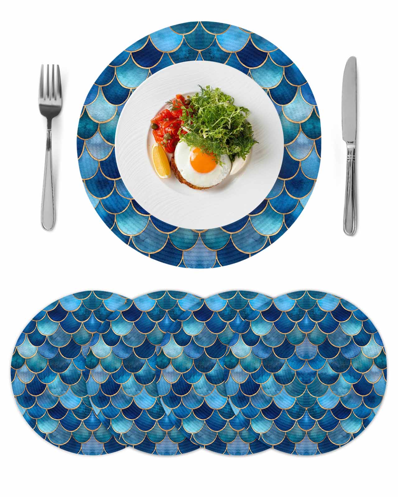 Scale Mat Runcing Blue Ombre Scale Round Placemats Set of 4 for Dinning Tables,Heat-proof ...