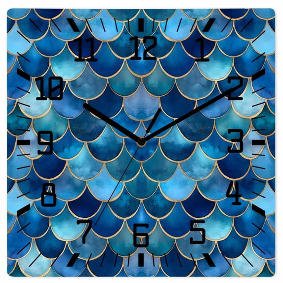 Blue Ombre Scale Wooden Wall Clock Silent Non Ticking, Abstract Art Ocean Coastal Square Wall Clocks Battery Operated, Decor Clock for Home Office, Living Room, Kitchen, 10 Inch