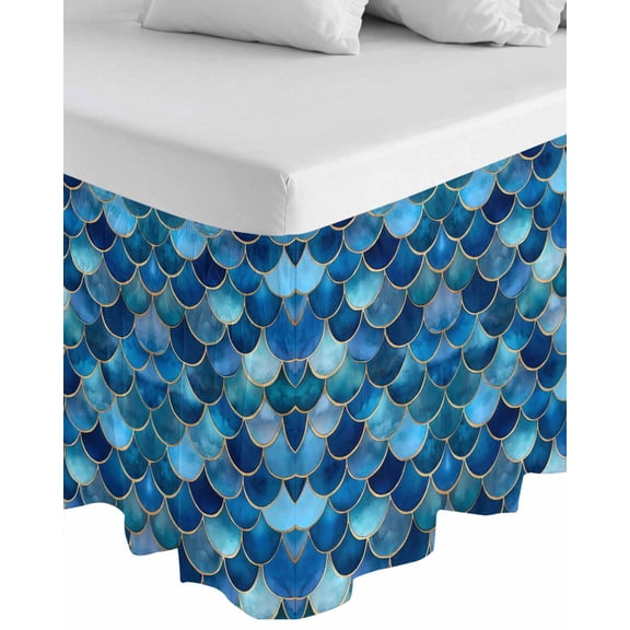 Blue Ombre Scale Wrap Around Bed Skirts for Queen Bed 16" Drop, Bed Skirt with Adjustable Elastic Belt Dust Ruffle Bed Valance for Bedroom Hotel Luxury Abstract Art Ocean Coastal Bed Frame Cover