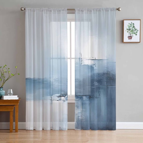 Blue Ombre Semi Sheer Curtains 84 Inch Length 2 Panels Set, Modern Geometric Abstract Artwork Sheer Kitchen Curtain Privacy Voile Window Curtain for Living Room Bedroom Rod Pocket Drapes