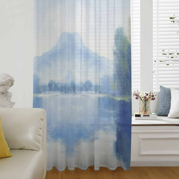 Blue Ombre Semi Sheer Curtains Drapes for Living Room, Bedroom, French Doors Window 108 Inches Long, Watercolor Landscape Abstract Rustic Rod Pocket Chiffon Curtain Drapery Voile Draperies Panel