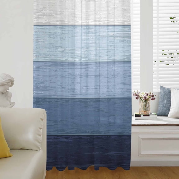 Blue Ombre Semi Sheer Curtains Drapes for Living Room, Bedroom, French Doors Window 96 Inches Long, Farmhouse Vintage Wooden Striped Rod Pocket Chiffon Curtain Drapery Voile Draperies Panel