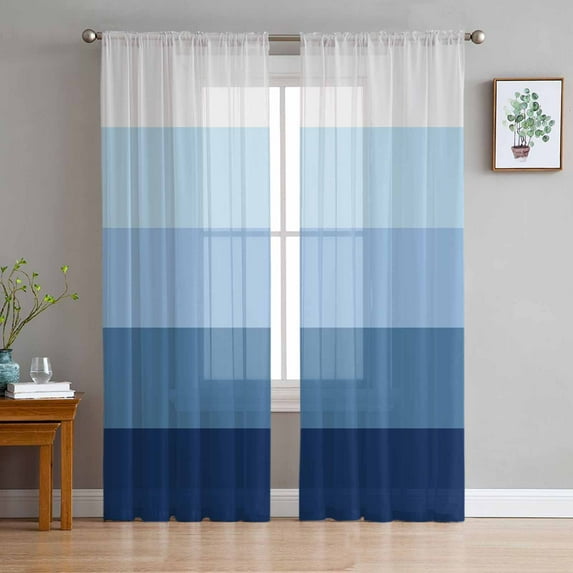 Blue Ombre Sheer Curtains 63 Inches Length 2 Panels Set, Window Sheer Curtains for Living Room/Bedroom, Modern Abstract Art Farmhouse Striped Light Filtering Rod Pocket Curtain 52'' x 63'' x 2