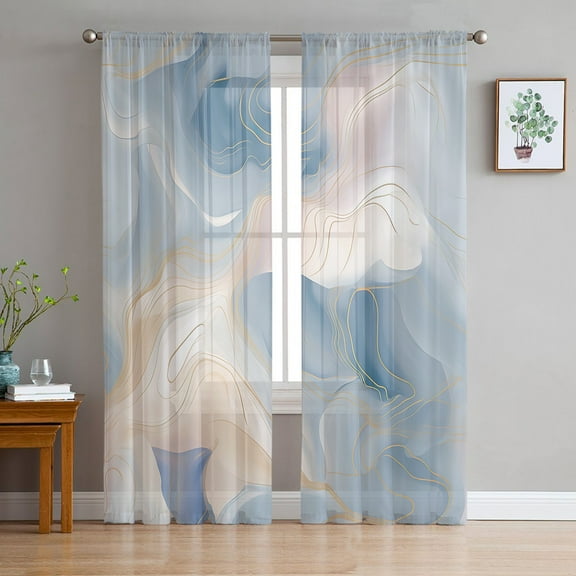 Blue Ombre Sheer Curtains 84 Inches Long 2 Panels Set, Window Sheer Curtains for Living Room/Bedroom, Modern Geometric Yellow Lines Abstract Art Light Filtering Rod Pocket Curtain 52'' x 84'' x 2