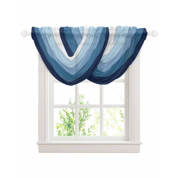 Blue Ombre Sheer Waterfall Valance Curtains for Window, Farmhouse Vintage Wooden Striped Rod Pocket Sheer Topper Swag Curtains for Living Room, Kitchen 38.5"W x 47.2"L, 2 Panels