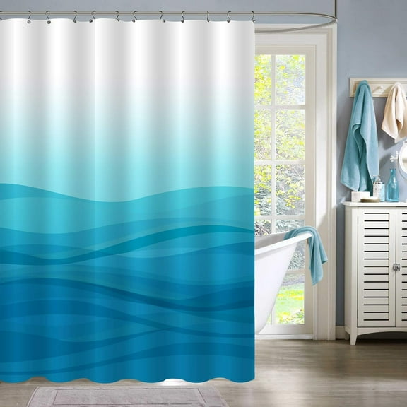 Blue Ombre Shower Curtain Set, Abstract Ocean Shower Curtain, Light Blue Striped Standard Shower Curtain for Modern Bathroom Decor, Aqua Beach Waves Fabric Shower Curtain, 72 x 72