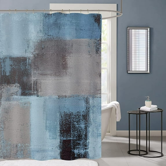 Blue Ombre Shower Curtain Set with Hooks, Blue Grey Abstract Fabric Shower Curtain for Bathroom Decor, Taupe Grunge Style Art Paint Brush Bathtub Decor, 72 72