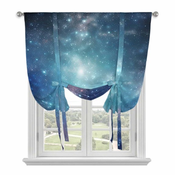 Blue Ombre Sky Tie Up Curtains for Windows, Adjustable Rod Pocket Valance Shade, Vibrant Starry Sky Light Filtering Window Treatment for Kitchen Bedroom Living Room 42"x 45"
