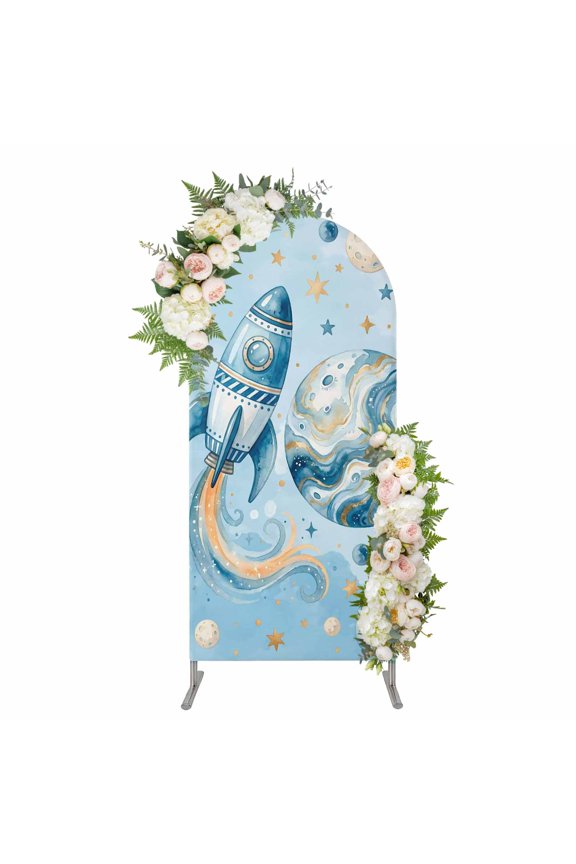 Blue Ombre Space Rocket Arch Backdrop Cover 4FT, Modena Abstract Universe Planet Spandex Fitted Stretchy Arch Stand Covers, Round Top Chiara Backdrop Cover for Wedding Party Birthday Baby Shower