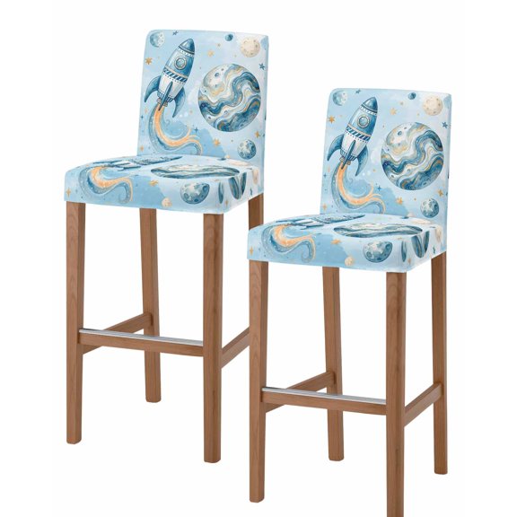 Blue Ombre Space Rocket Bar Stool Covers Set of 2, Modena Abstract Universe Planet Stretch Washable Bar Chair Covers with Backs, Removable Pub Counter Height Chair Cover for Kitchen Dining Room Cafe
