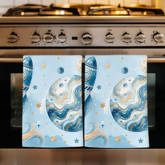 Blue Ombre Space Rocket Kitchen Towels Set of 1, Modena Abstract Universe Planet Absorbent Dish Towels for Kitchen, Microfiber Hand Towel, Quick Drying Tea Towel for Cleaning Decorative Dishcloths