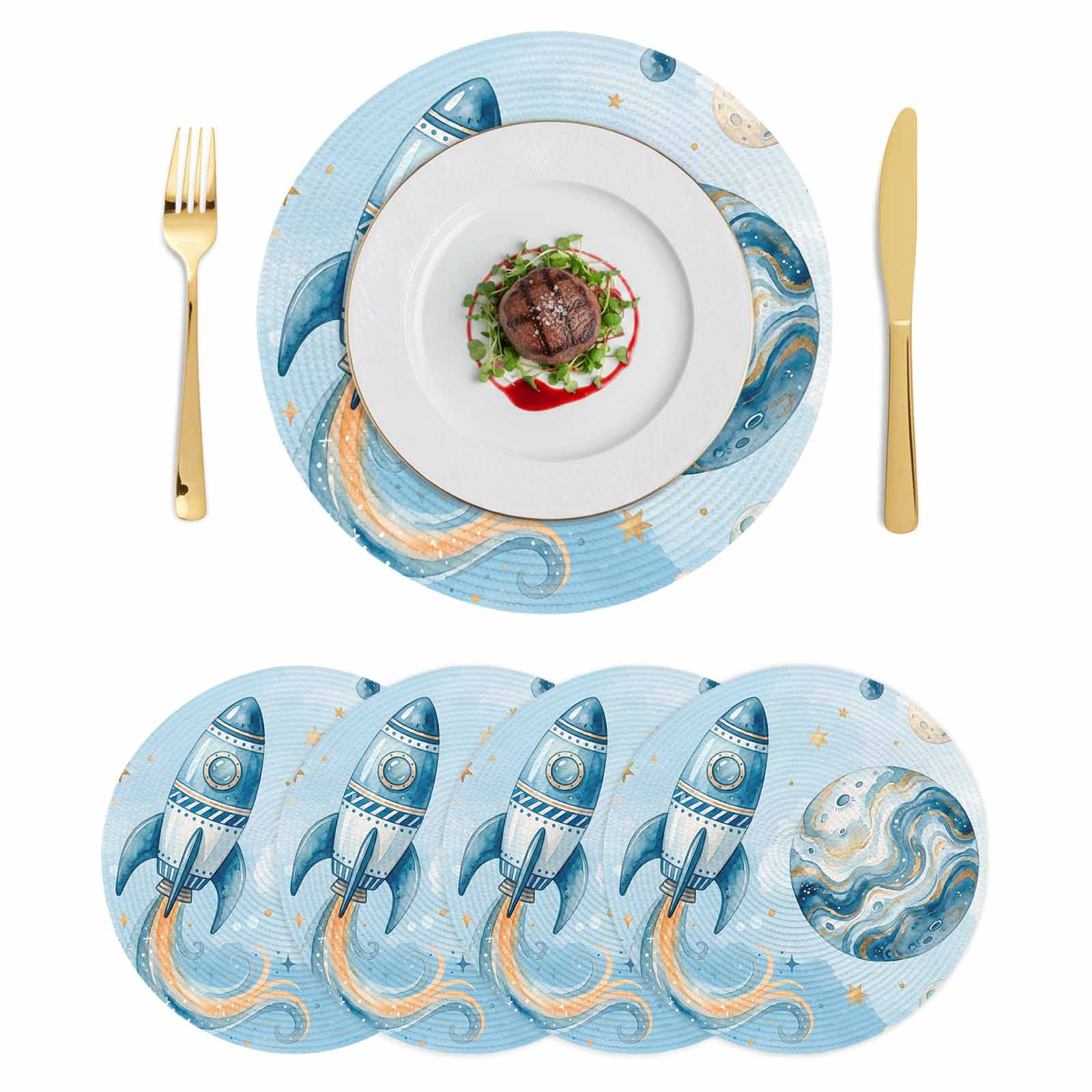 Blue Ombre Space Rocket Round 13 Inch Placemats Set of 4, Modena ...