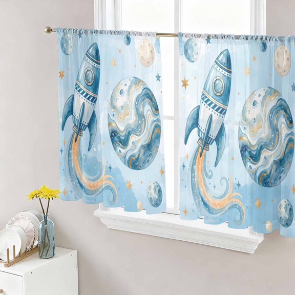 Blue Ombre Space Rocket Sheer Curtains 45 Inch Length 2 Panels Set, Modena Abstract Universe Planet Voile Window Treatment Rod Pocket Small Kitchen Curtains Drapes for Bedroom 52"x45"x2