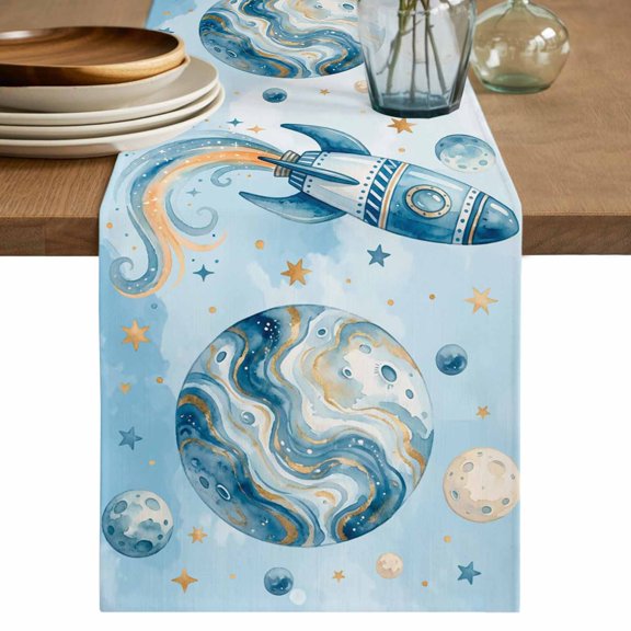 Blue Ombre Space Rocket Table Runner 36 Inches, Modena Abstract Universe Planet Bed Runner Dresser Scarves Tabletop for Indoor Outdoor Parties/Ceremony/Banquet, 13"x 36"