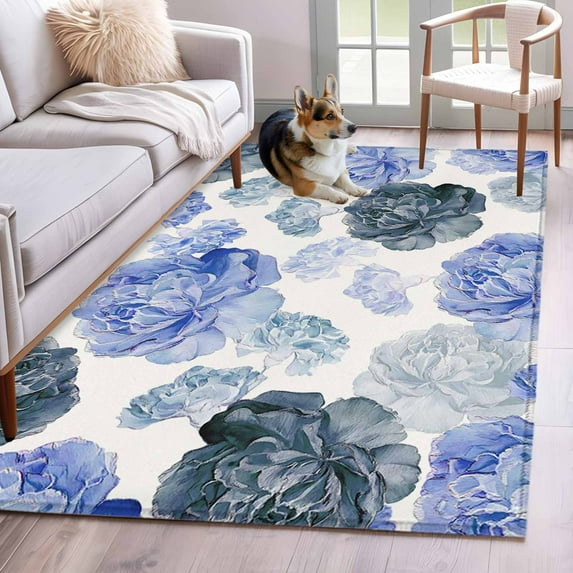 Blue Ombre Spring Floral Area Rugs 4'x6', Washable Small Throw Rugs for Office Bathroom, Summer Botanical Flowers Indoor Outdoor Rug Non-Slip Low Pile Carpet Runner Reversible Floor Mats
