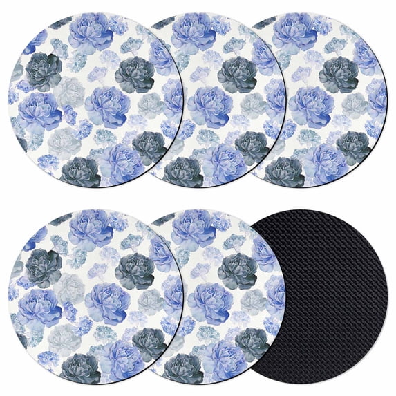 Blue Ombre Spring Floral Coasters Set of 6, Absorbent Coasters for Drinks, Summer Botanical Flowers Coaster for Desk Coffee Table Protection, Home Decor House Warming Gifts 4"