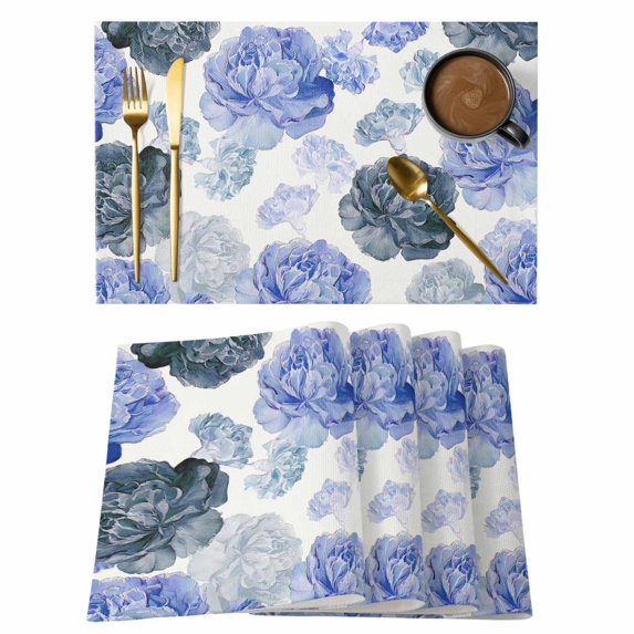 Blue Ombre Spring Floral Placemats Set of 6, Summer Botanical Flowers Placemats for Dining Table, Place Mats for Kitchen Tabletop, Waterproof Wipeable Dining Table Mats Set