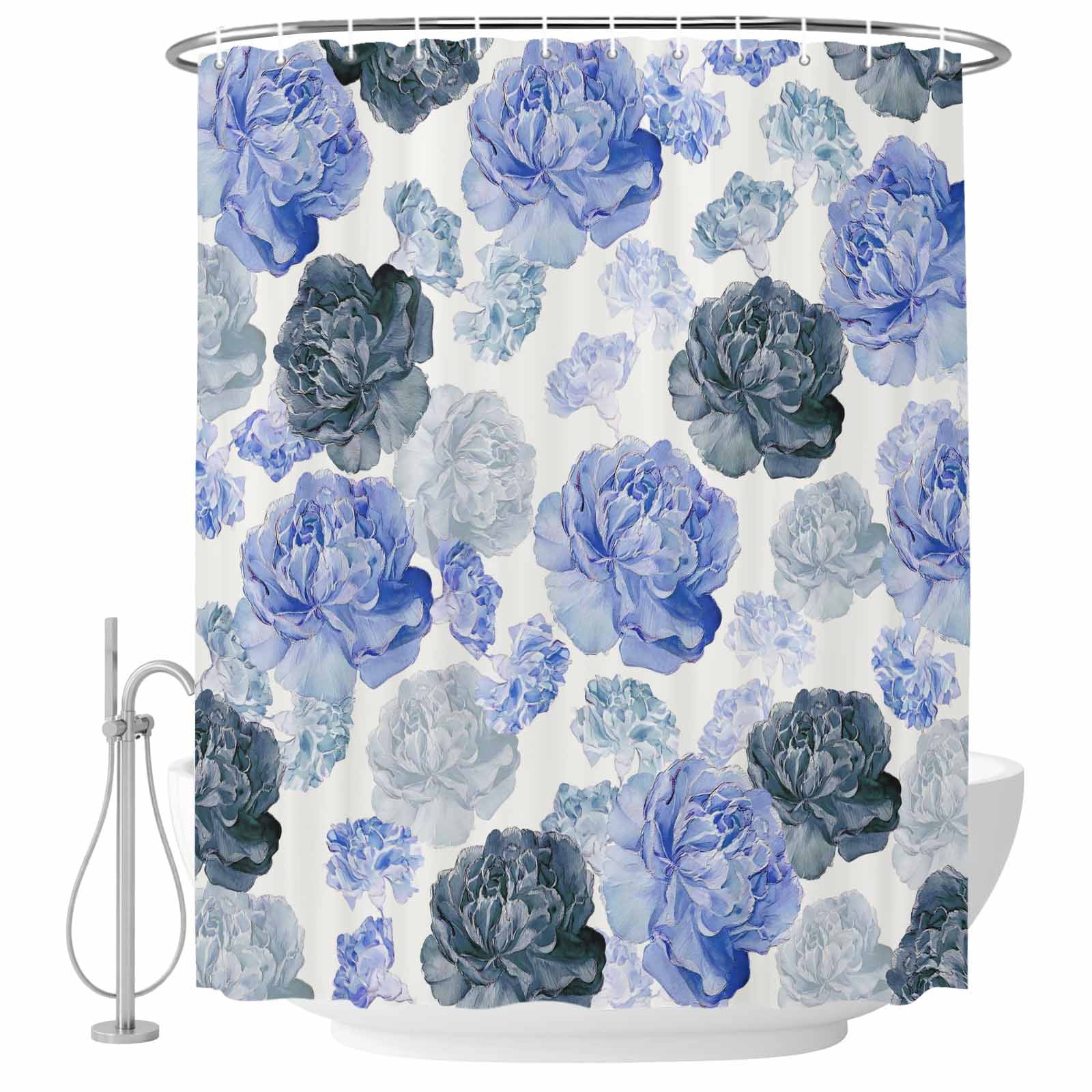Blue Ombre Spring Floral Shower Curtain, Waterproof Shower Curtains for