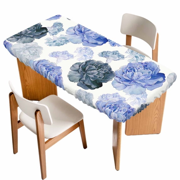 Blue Ombre Spring Floral Table Cloths for 5 Foot Rectangle Tables, Summer Botanical Flowers Patio Waterproof Elastic Fitted Tablecloths, Washable Rectangular Table Cover for Camping