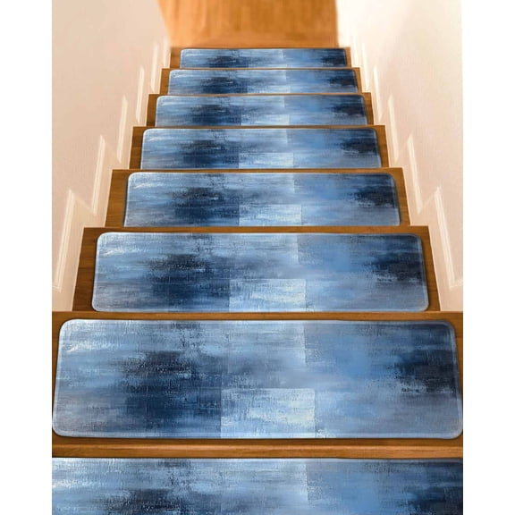 Blue Ombre Stair Treads for Wooden Steps Indoor Runner Rug Carpet, Modern Oil Painted Retro Abstract Art 4 Pieces Peel and Stick Staircase Step Treads Covers Washable Throw Door Mats, 30"x8"