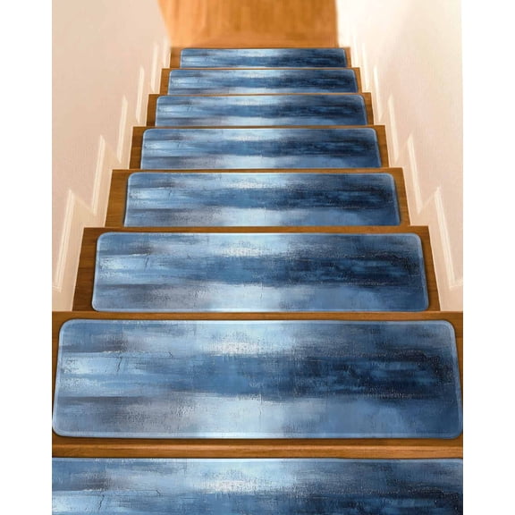 Blue Ombre Stair Treads for Wooden Steps Indoor Runner Rug Carpet, Oil Painted Retro Abstract Art Modern 4 Pieces Peel and Stick Staircase Step Treads Covers Washable Throw Door Mats, 30"x8"