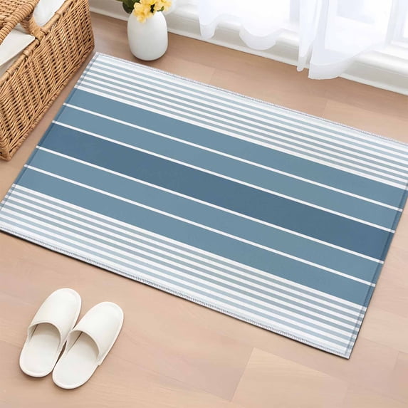 Blue Ombre Stripe Bathroom Mats 2x3 FT, Non Slip Small Kitchen Mat, Farmhouse Striped Gradient Washable Soft Backed Front Door Throw Rugs Non-Shedding Indoor Outdoor Doormat for Entryway Sink