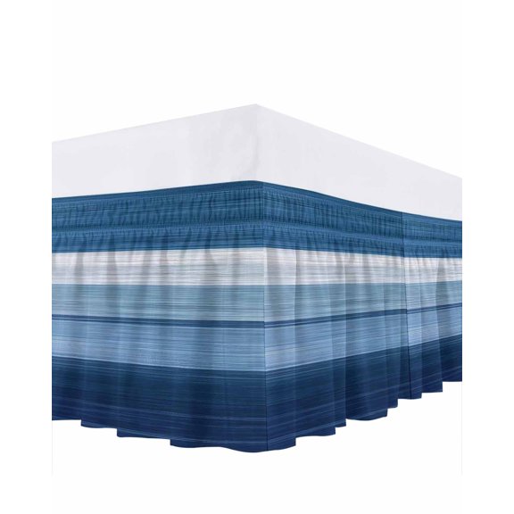 Blue Ombre Stripe Bed Skirt Queen Size, Farmhouse Striped Modern Abstract Art Wrap Around Bed Skirting with Adjustable Elastic Strap, Dust Ruffle Pleated Bedskirts 18 Inch Drop for Bedroom Queen Beds