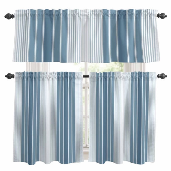 Blue Ombre Stripe Kitchen Curtains Sets for Windows 36 Inch Length, Farmhouse Simple Striped Rod Pocket Window Treatments Tier Curtains and Valances Set for Bedroom/Bathroom