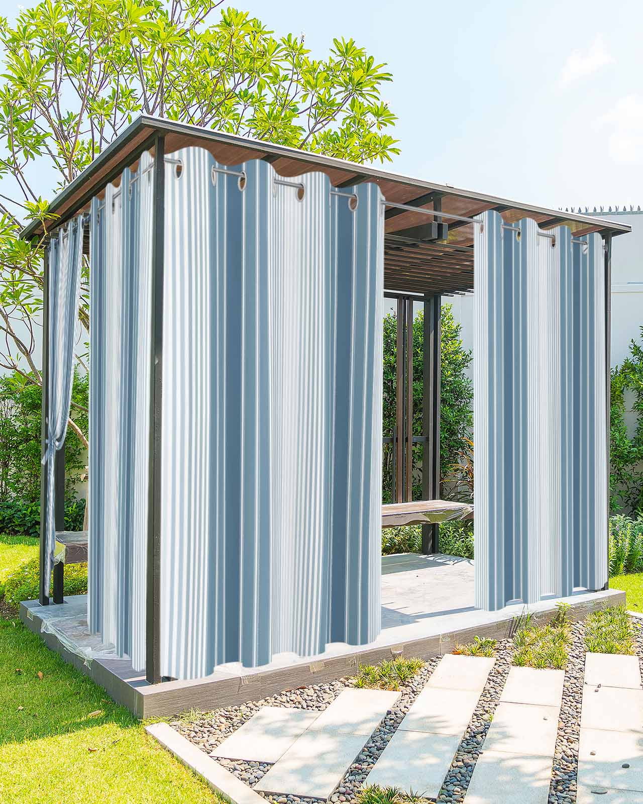 Blue Ombre Stripe Outdoor Curtains for Patio, Farmhouse Simple Striped Privacy Drapes Grommet Waterproof Outside Curtains for Porch/Cabana/Balcony 54"x 95", 2 Panel