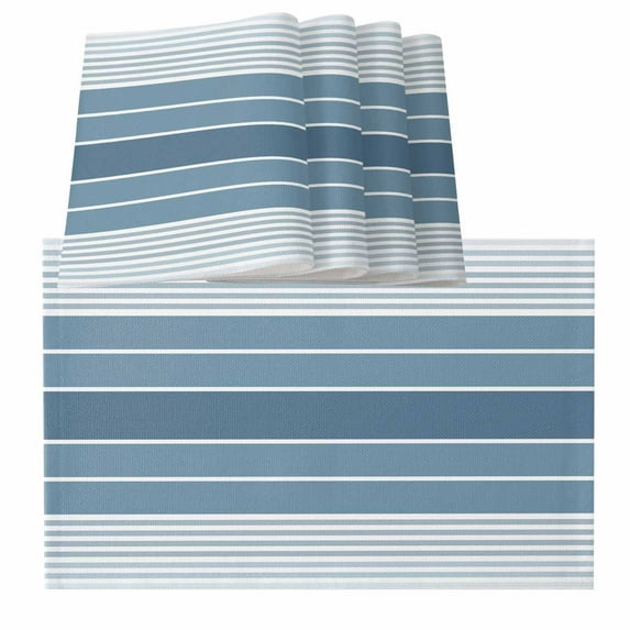 Blue Ombre Stripe Placemats for Dinning Table Set of 6, Farmhouse Striped Gradient Burlap Kitchen Place Mats Waterproof Cloth Table Mats, Indoor Outdoor Placemats Easy Clean Dinner Decor