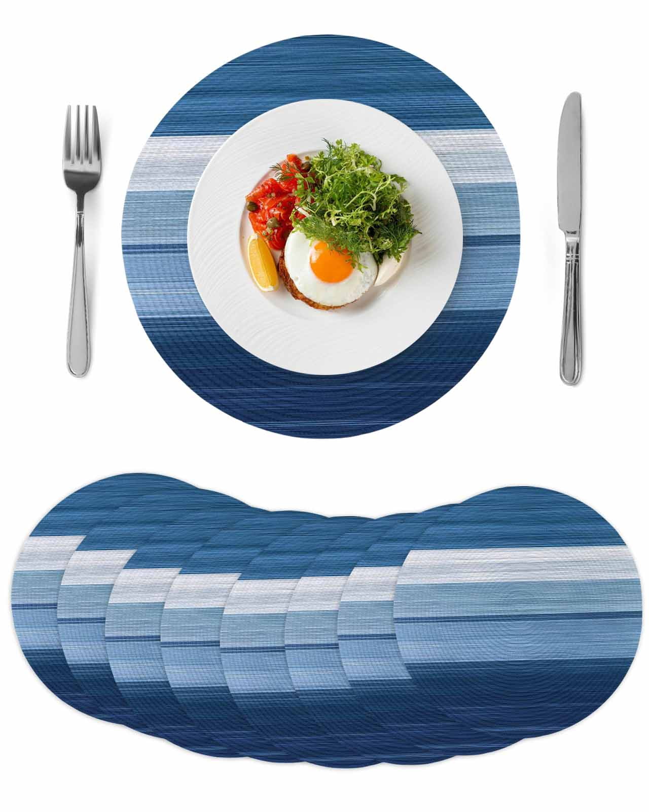 Blue Ombre Stripe Round 13 Inch Placemats Set of 8, Farmhouse Striped ...