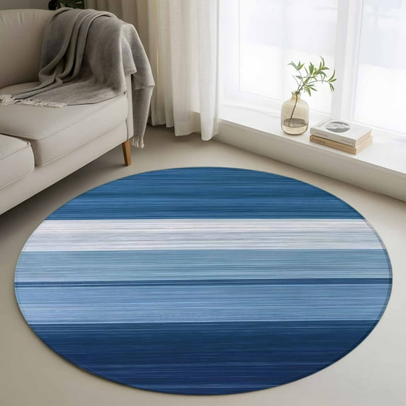Blue Ombre Stripe Round Area Rug 3 FT,Small Kitchen Bathroom Mats,Farmhouse Striped Modern Abstract Art Washable Indoor Outdoor Throw Runner Carpet Non-Shedding Doormat for Table Shower Sofa Entryway